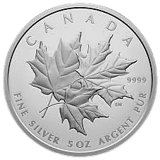 Silver coin reverse with three maple leaves, "CANADA", "9999", "FINE SILVER 5 OZ ARGENT PUR".