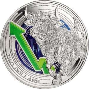 1 oz silver coin with a bull and bear on it