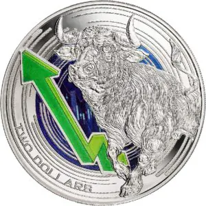 1 oz silver coin with a bull and bear on it